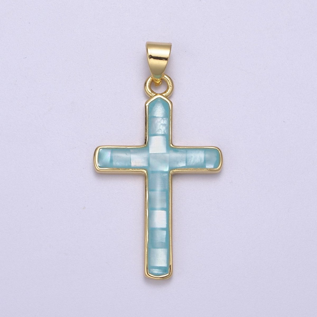 24K Gold Filled Pink / Green / Blue Opal Shell Religious Minimalist Cross Pendant H-745 H-747 H-763 - DLUXCA