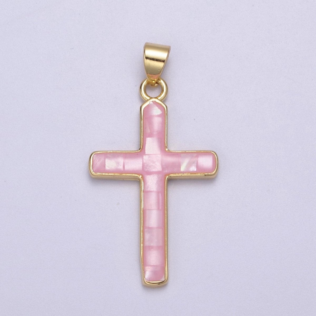 24K Gold Filled Pink / Green / Blue Opal Shell Religious Minimalist Cross Pendant H-745 H-747 H-763 - DLUXCA