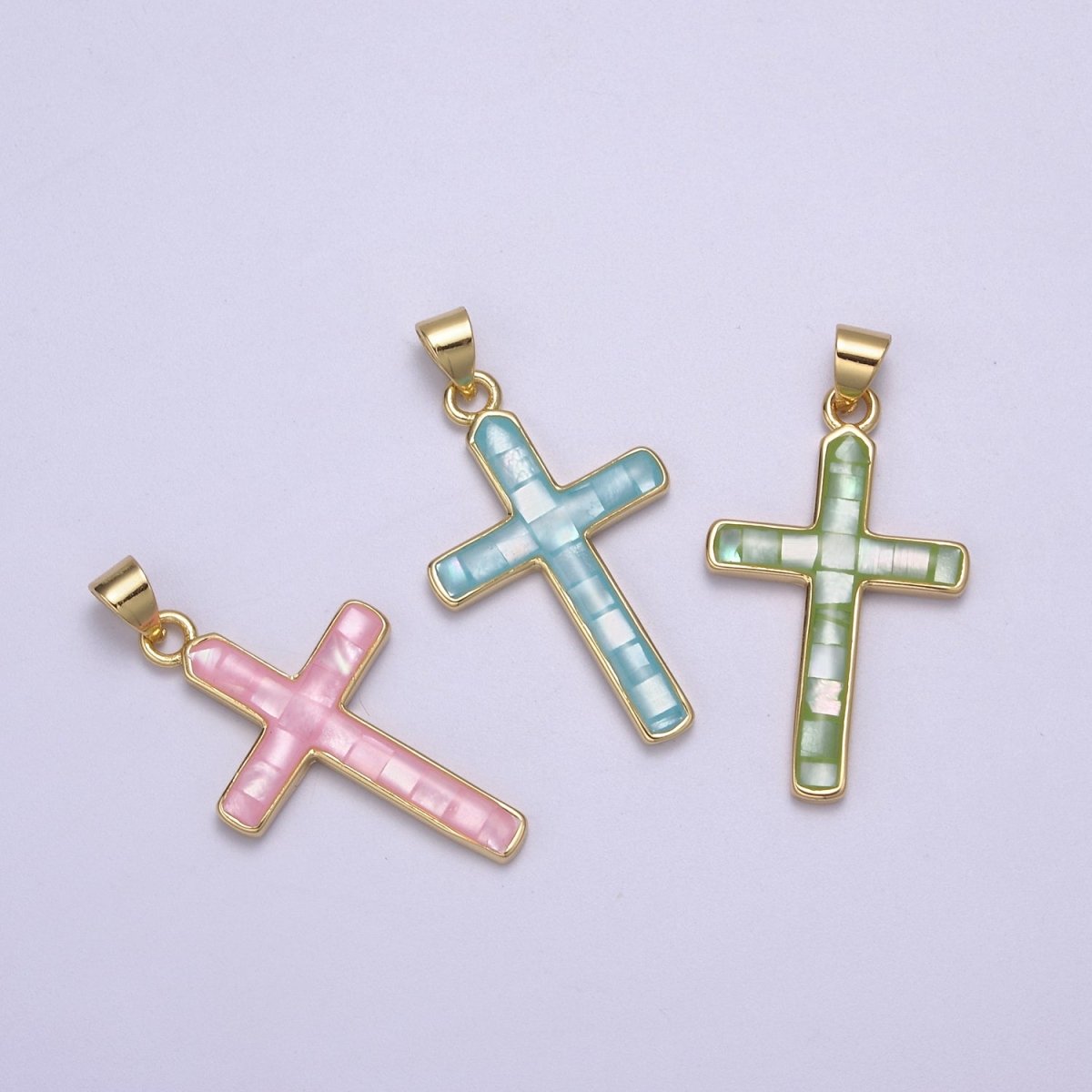 24K Gold Filled Pink / Green / Blue Opal Shell Religious Minimalist Cross Pendant H-745 H-747 H-763 - DLUXCA