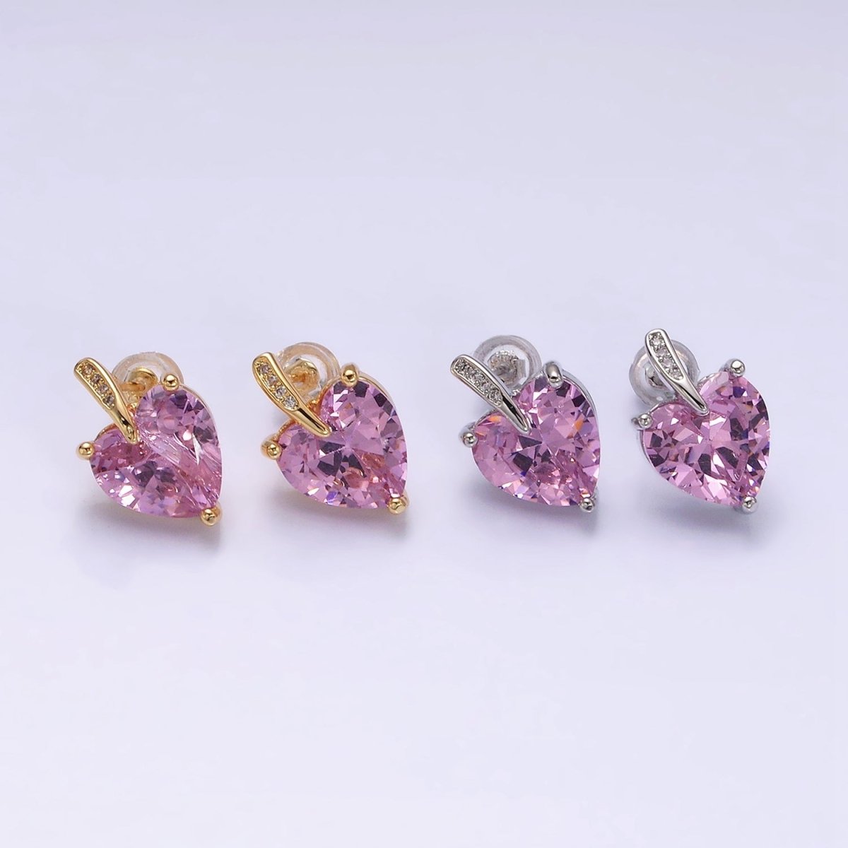 24K Gold Filled Pink Heart CZ Micro Paved Stud Earrings in Gold & Silver | AB308 AD1140 - DLUXCA