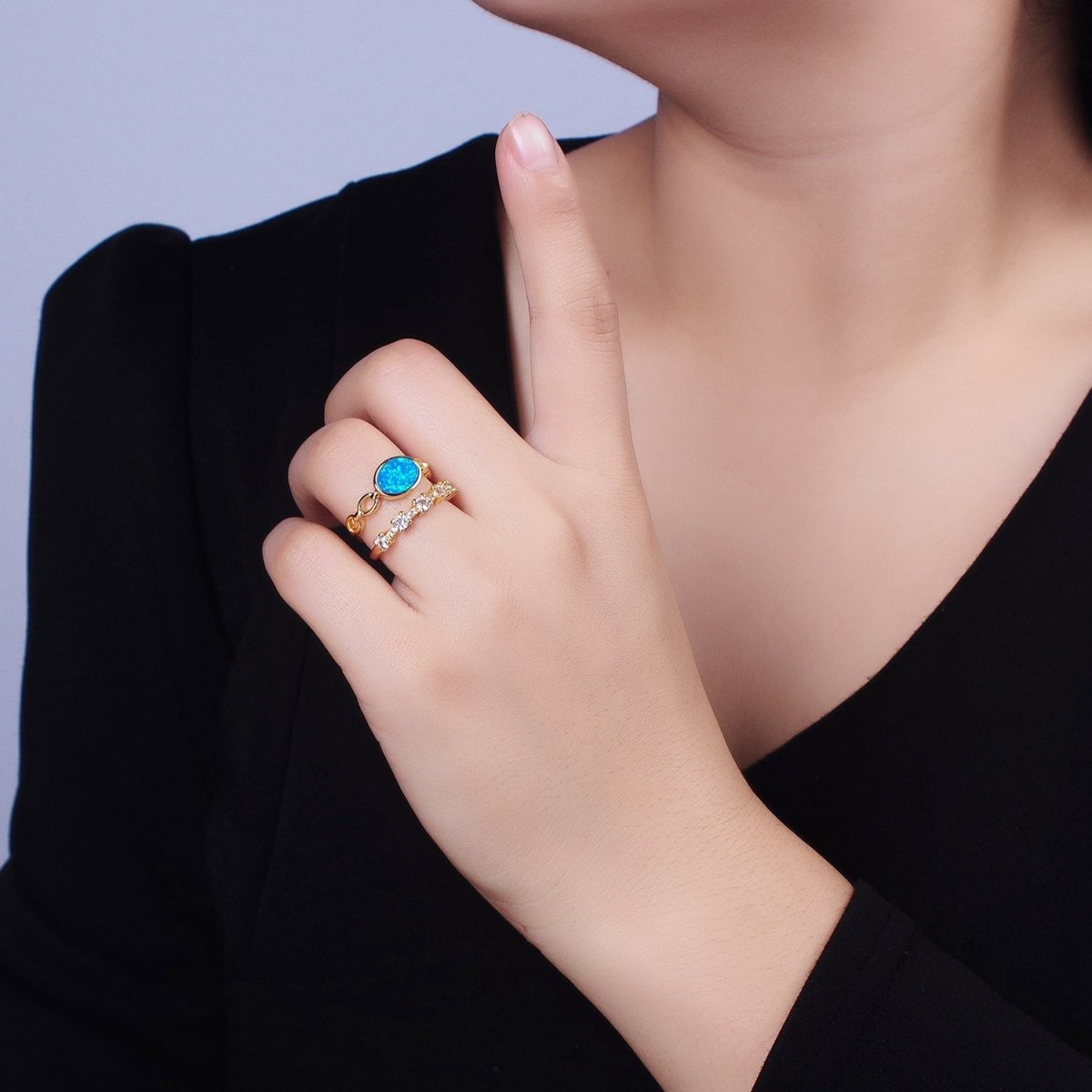 24K Gold Filled Pink, Purple, Blue Oval Opal Cable Link Clear CZ Double Band Ring in Gold & Silver | O-1797~O-1802 - DLUXCA