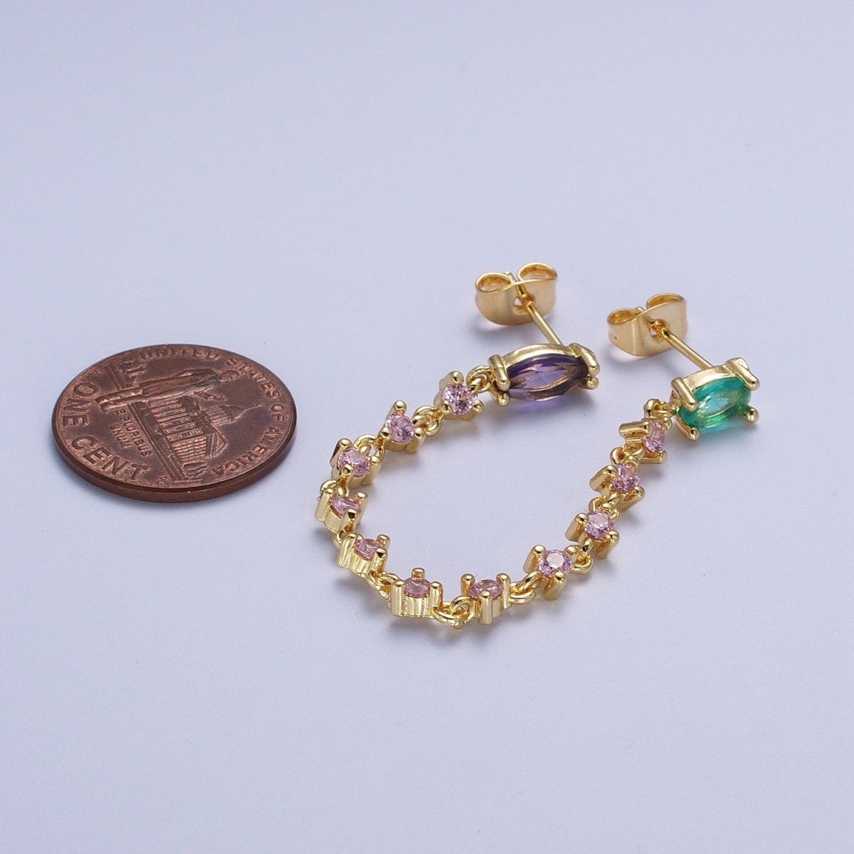 24K Gold Filled Pink Teal Multicolor Oval Double Cubic Zirconia Stud Chained Earrings | AE-1054 - DLUXCA