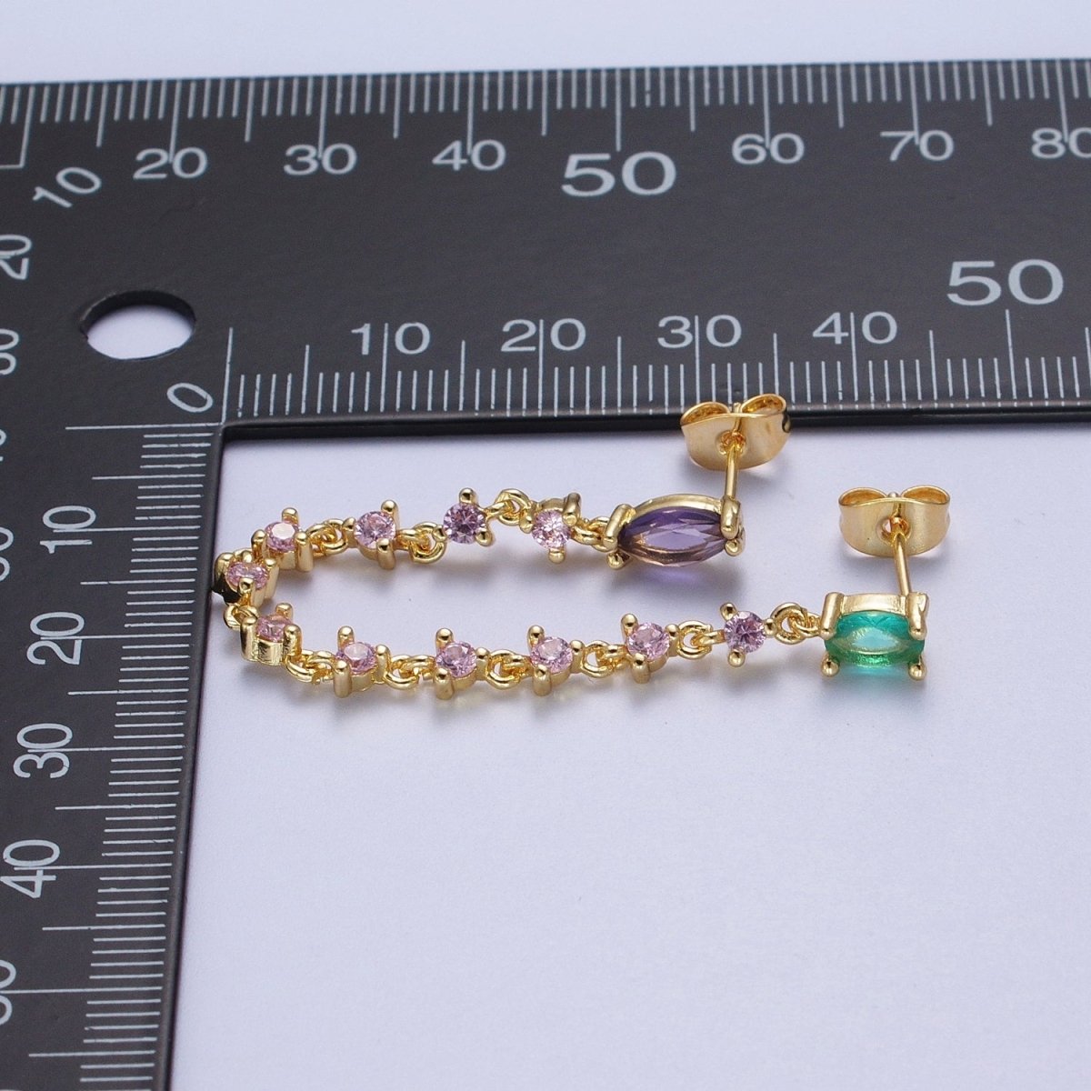 24K Gold Filled Pink Teal Multicolor Oval Double Cubic Zirconia Stud Chained Earrings | AE-1054 - DLUXCA