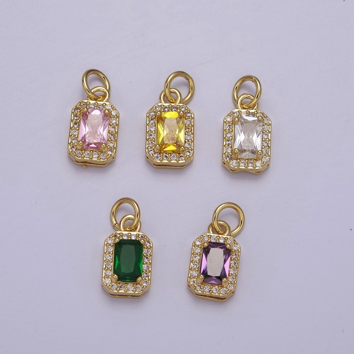 24k Gold Filled Rectangle Birthstone Charm ,Mini Colorful CZ Pendant for Personalized Jewelry Making E715 - E719 - DLUXCA