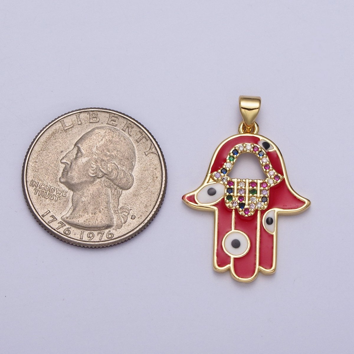 24K Gold Filled Red Hamsa Hand Evil Eye Multicolor Micro Paved CZ Pendant H-303 - DLUXCA
