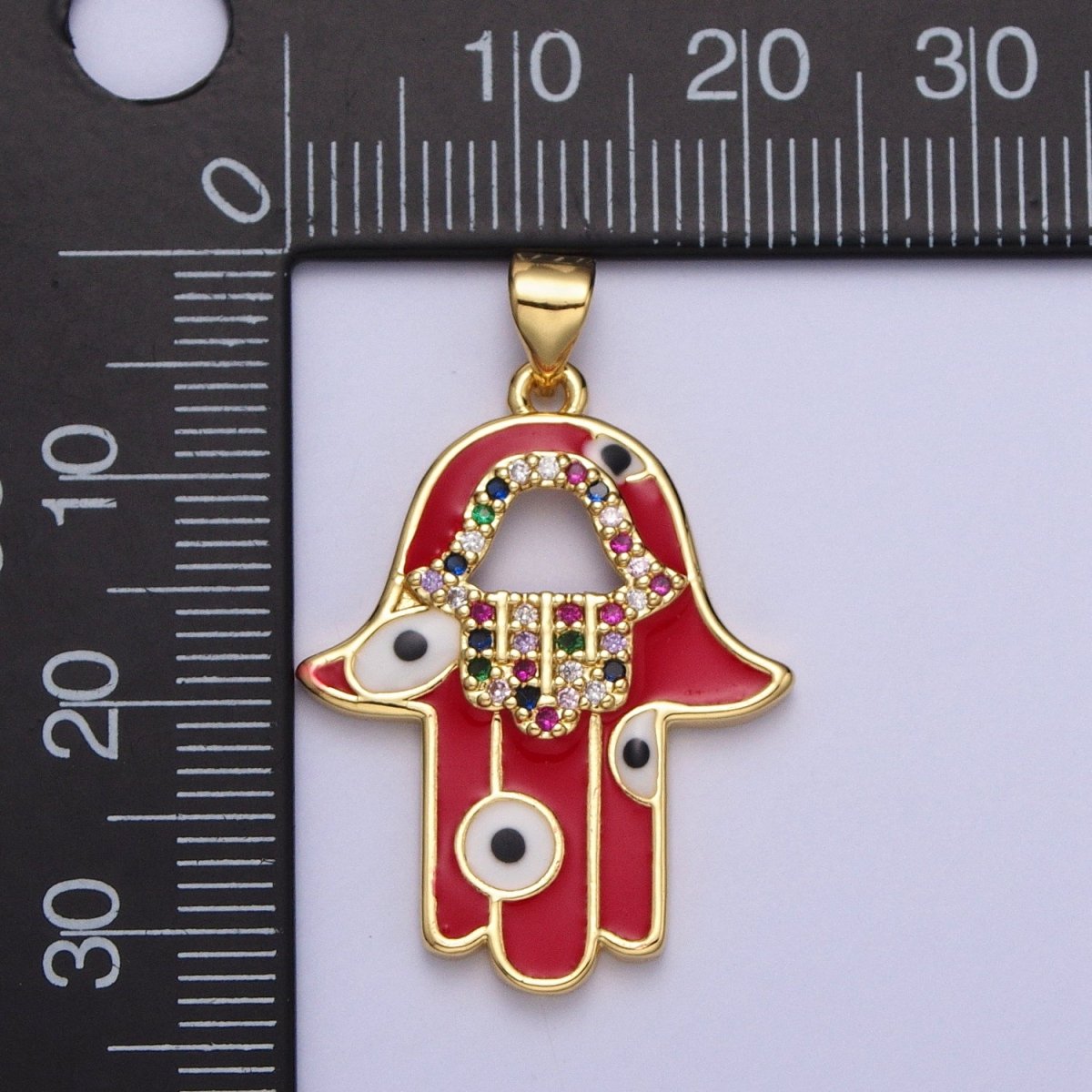 24K Gold Filled Red Hamsa Hand Evil Eye Multicolor Micro Paved CZ Pendant H-303 - DLUXCA
