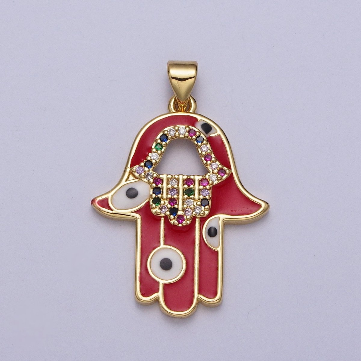 24K Gold Filled Red Hamsa Hand Evil Eye Multicolor Micro Paved CZ Pendant H-303 - DLUXCA
