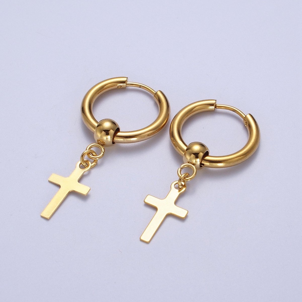24K Gold Filled Religious Cross 18mm Huggie Drop Earrings Hoops | Y-177 - DLUXCA