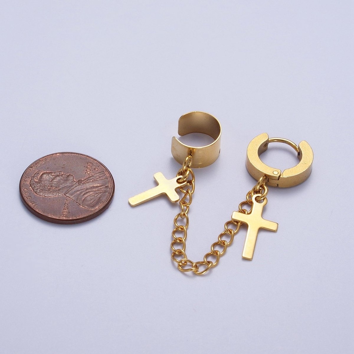 24K Gold Filled Religious Cross Chain Linked Huggie & Ear Cuff | Y-175 - DLUXCA