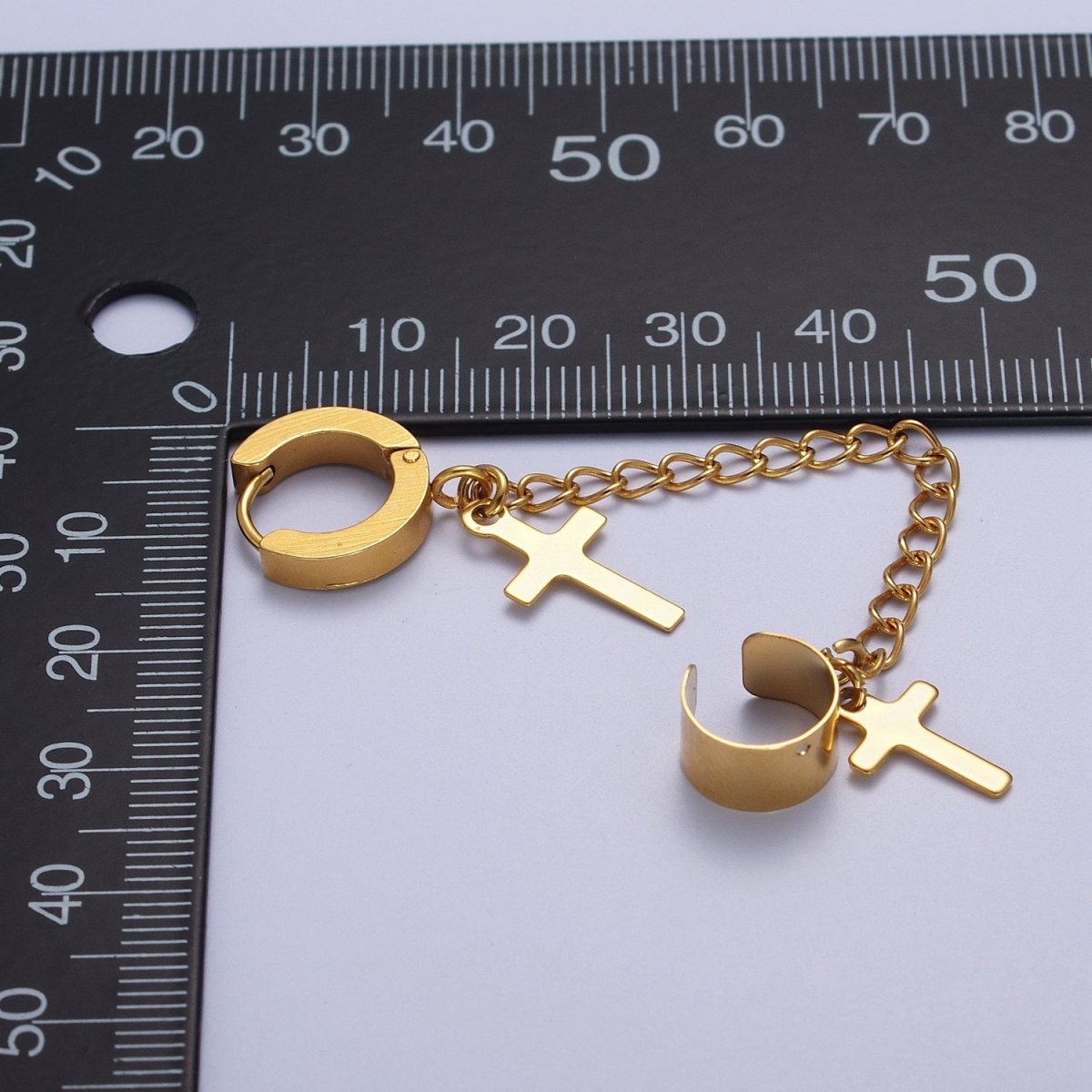 24K Gold Filled Religious Cross Chain Linked Huggie & Ear Cuff | Y-175 - DLUXCA
