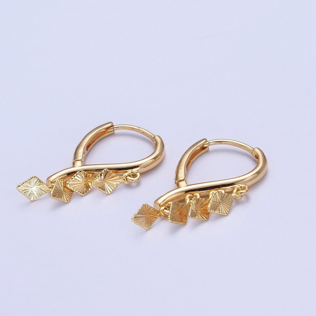 24K Gold Filled Rhombus Starburst Charm Dangle on Teardrop Huggie Hoop Earrings T-182 - DLUXCA