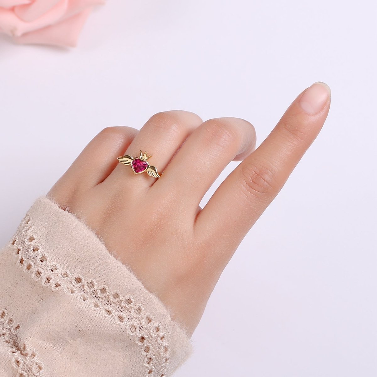 24K Gold Filled Romantic Heart Love Wings Adjustable Ring - R-310-311 - DLUXCA