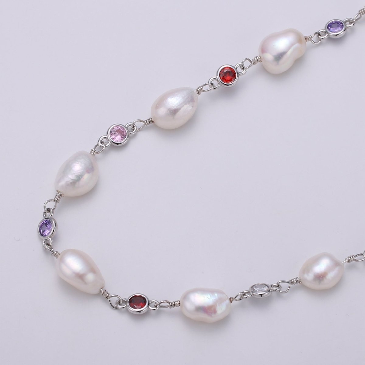 24K Gold Filled Rosary Chain with Baroque Fresh Water Pearl Charm Chain Sold By Yard with Multi Color CZ Bezel Cut For Necklace Component Supply | ROLL-456 ROLL-457 Clearance Pricing - DLUXCA