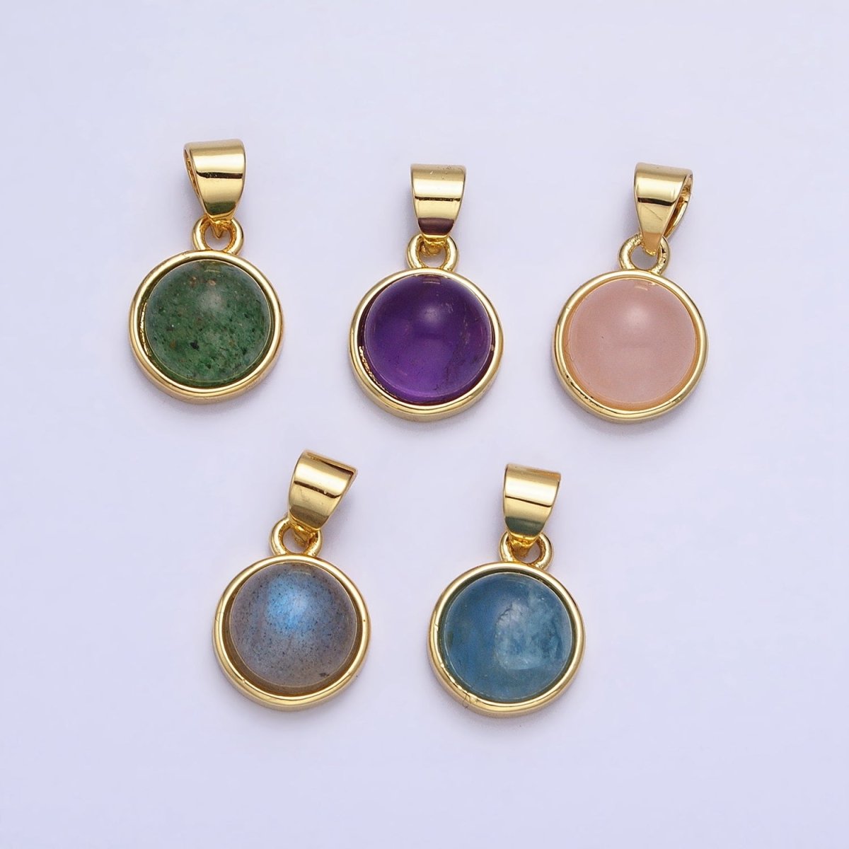 24K Gold Filled Rose Quartz, Aventurine, Labradorite, Blue Agate, Amethyst Round Pendant | AA195 - AA199 - DLUXCA