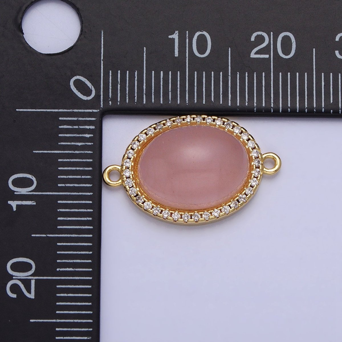 24K Gold Filled Rose Quartz Natural Gemstone Micro Paved CZ Oval Connector | AA818 - DLUXCA