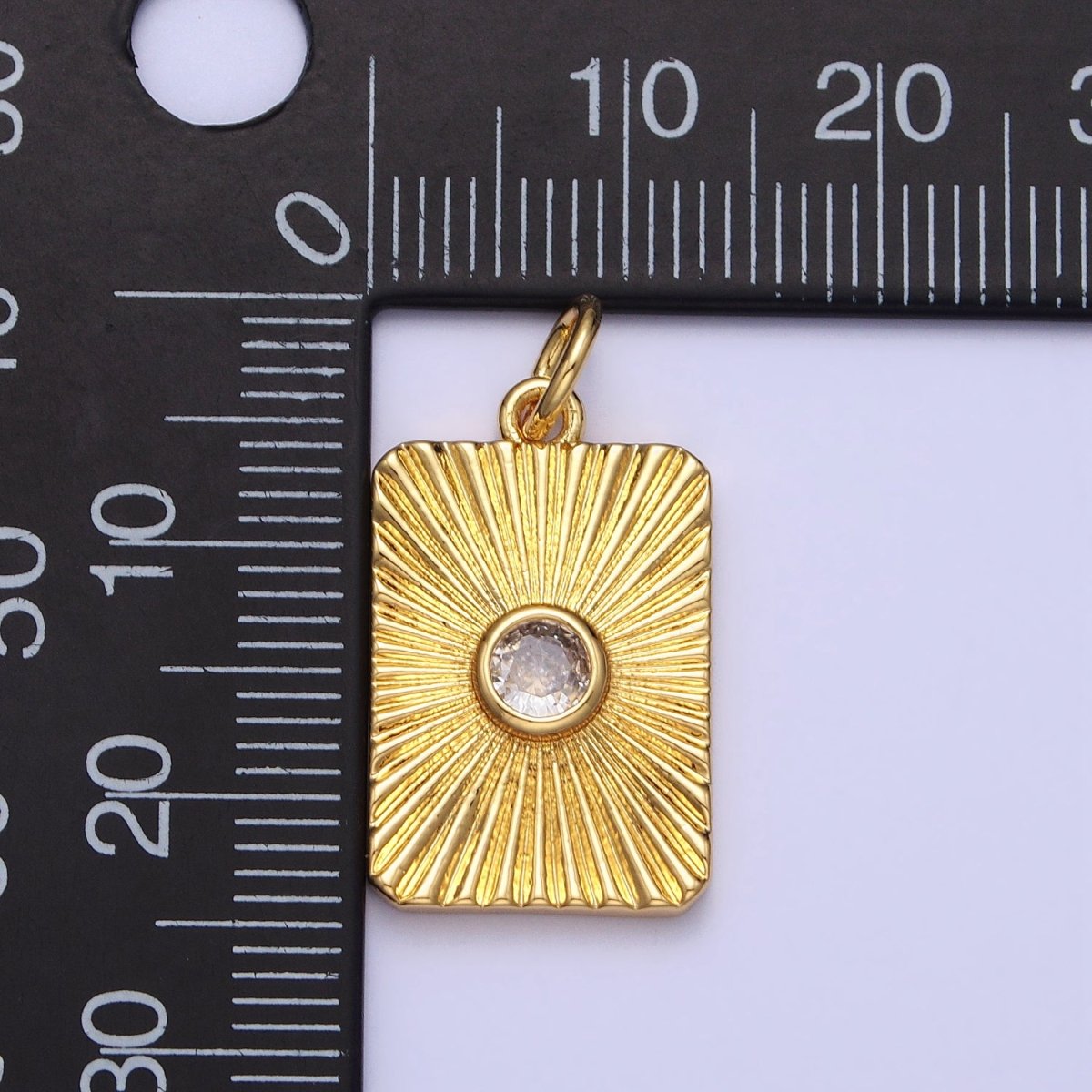 24K Gold Filled Round Clear CZ Sunburst Textured Tag Charm | AC364 - DLUXCA