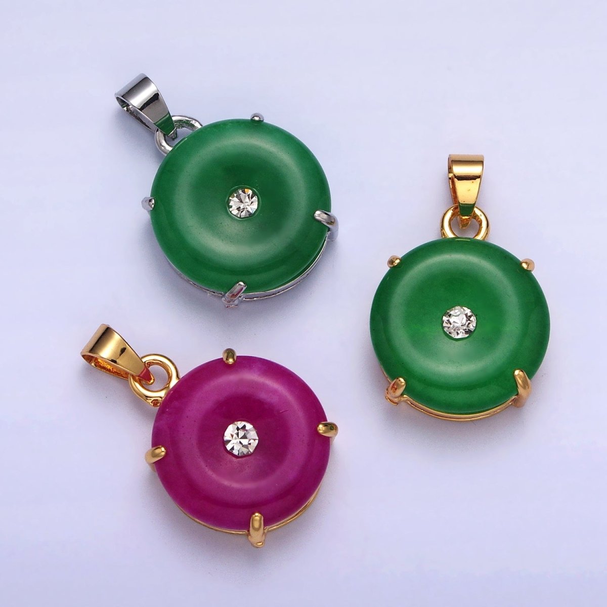24k Gold Filled Round Jade Stone charm, Green, Purple Donut Stone Pendant w/ Micro Pave Stone Pendant W-640 W-641 AA-099 AA-100 - DLUXCA