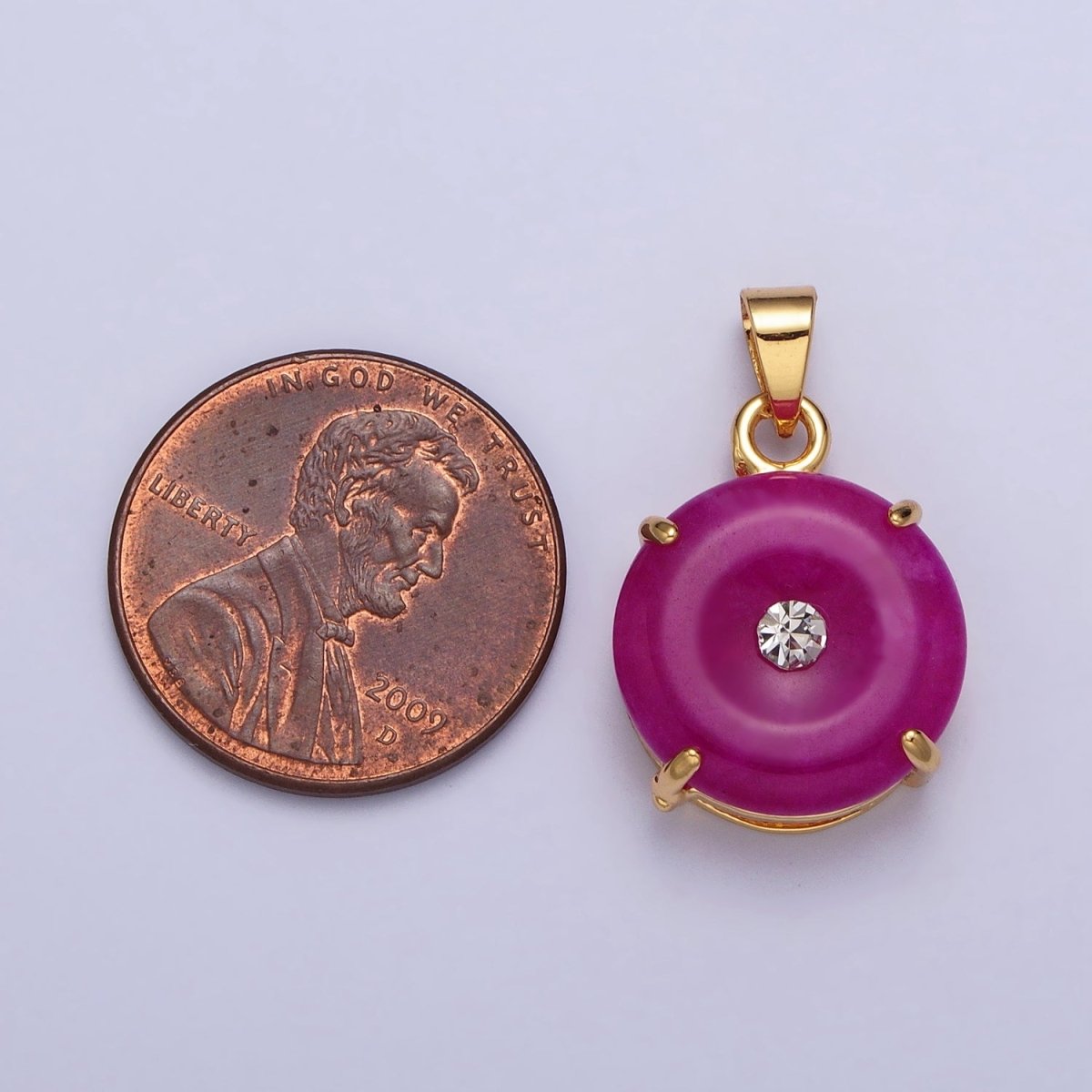 24k Gold Filled Round Jade Stone charm, Green, Purple Donut Stone Pendant w/ Micro Pave Stone Pendant W-640 W-641 AA-099 AA-100 - DLUXCA