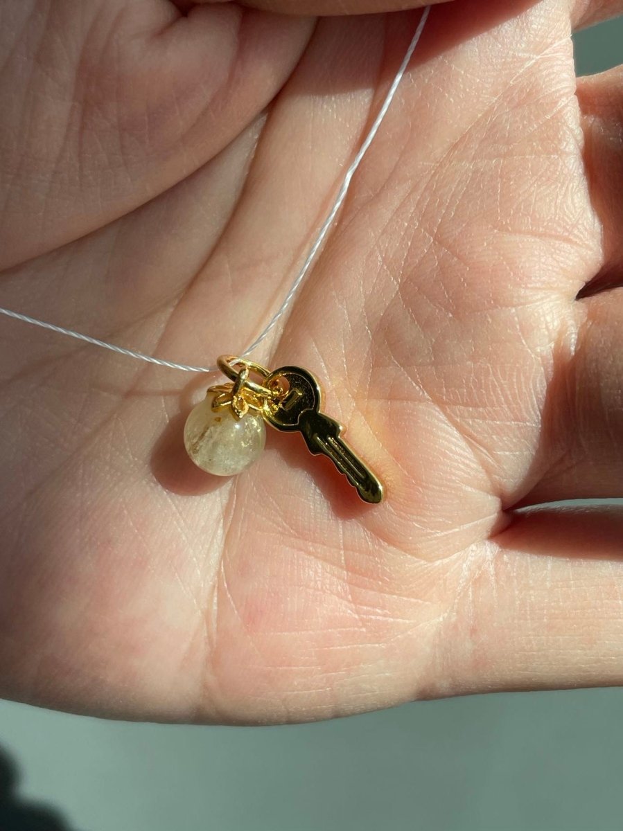 24K Gold Filled Round Natural Gemstone & Key/Heart Double Charm For Jewelry Making | M-518 M-519 - DLUXCA