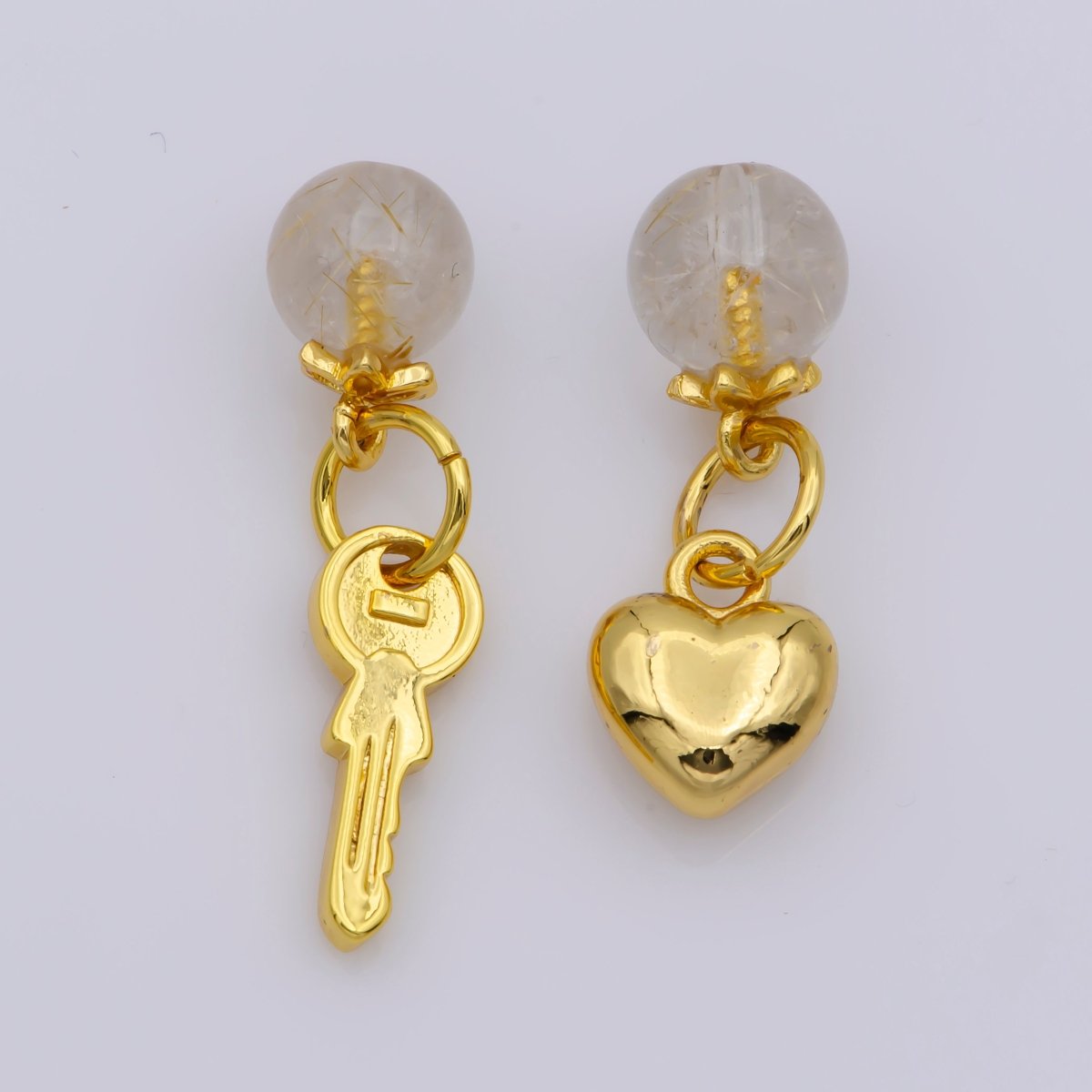 24K Gold Filled Round Natural Gemstone & Key/Heart Double Charm For Jewelry Making | M-518 M-519 - DLUXCA