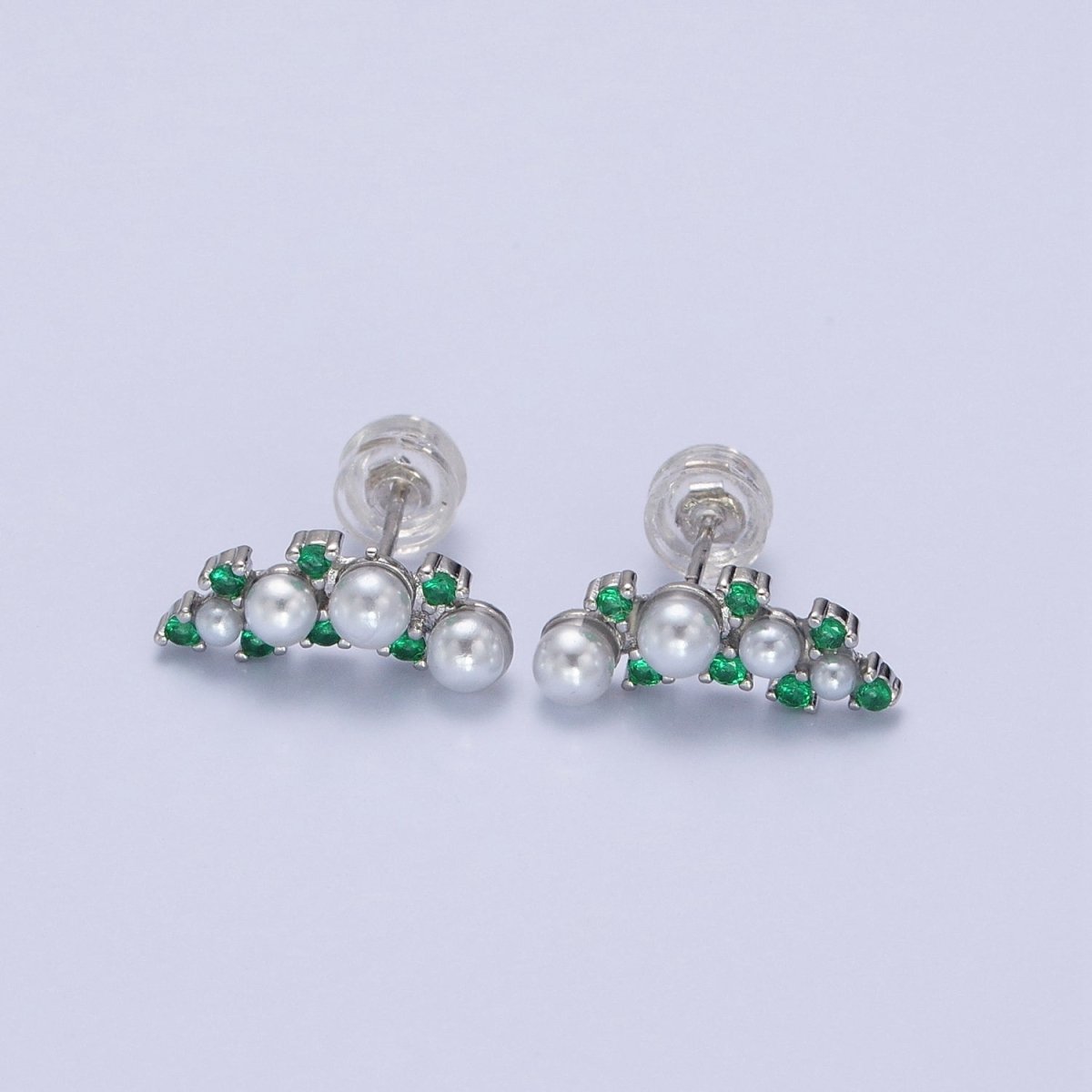 24K Gold Filled Round Pearl Green CZ Curved Line Stud Earrings in Gold & Silver | AB613 AB614 - DLUXCA