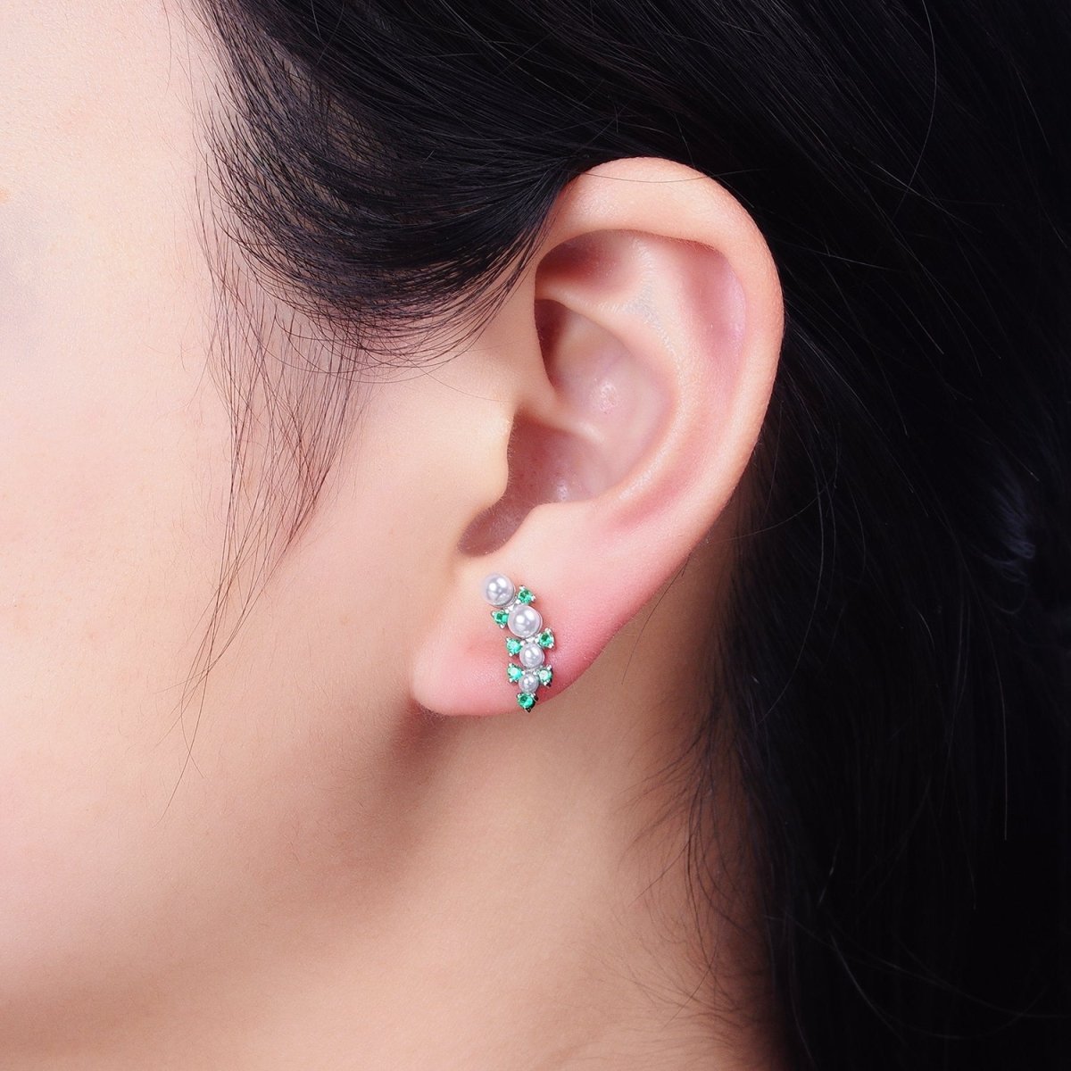 24K Gold Filled Round Pearl Green CZ Curved Line Stud Earrings in Gold & Silver | AB613 AB614 - DLUXCA