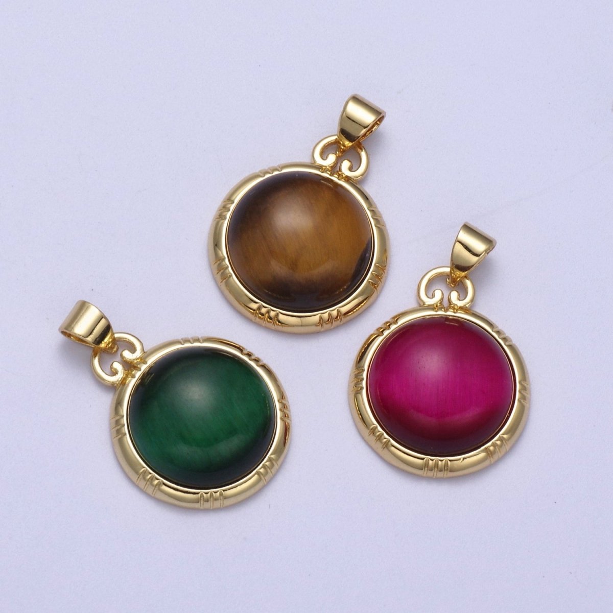 24K Gold Filled Round Tiger Eye, Dark Green Aventurine, Fuchsia Agate Natural Healing Gemstone Pendant H-335 - H-337 - DLUXCA