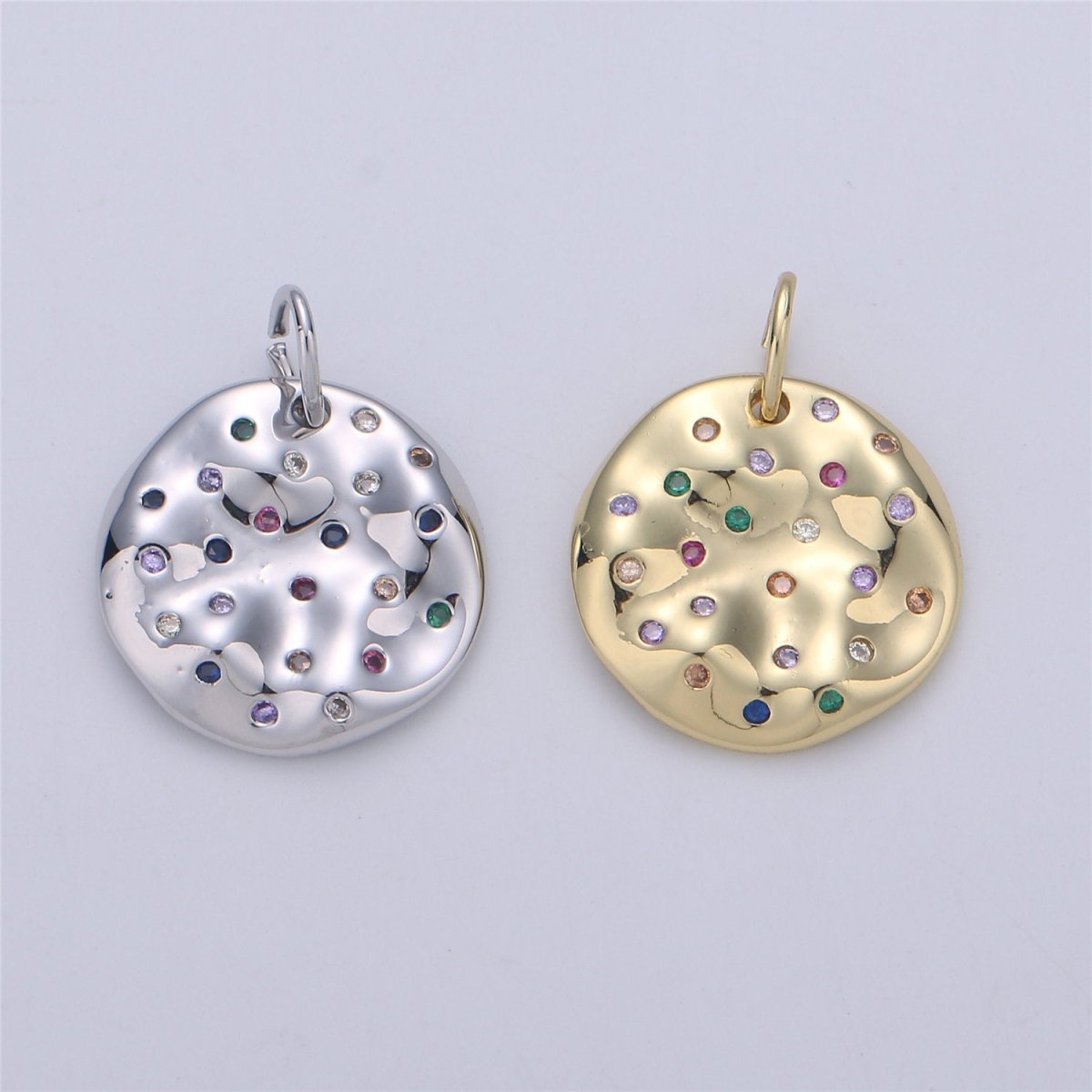 24K Gold filled Rustic Geometric Dainty Charm with Micro Pave Multi Color Rainbow Cubic Zirconia CZ Stone for Necklace or Bracelet, C-904 - DLUXCA