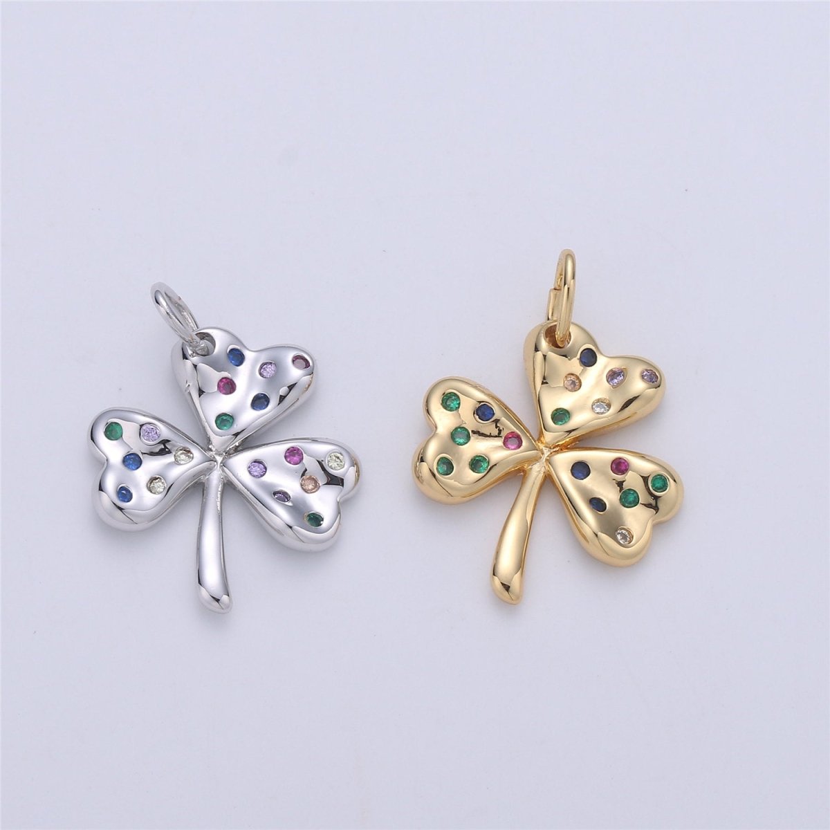 24K Gold Filled Rustic Lucky Charm Good Luck 4 Leaves Clover with Multi Color Rainbow CZ Stone for Necklace or Bracelet,CHGF-984/C-896 - DLUXCA