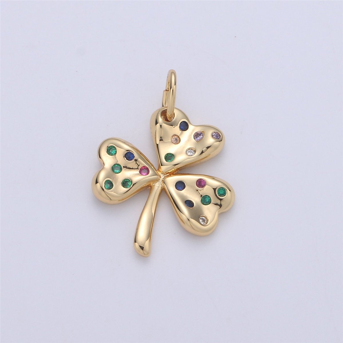 24K Gold Filled Rustic Lucky Charm Good Luck 4 Leaves Clover with Multi Color Rainbow CZ Stone for Necklace or Bracelet,CHGF-984/C-896 - DLUXCA