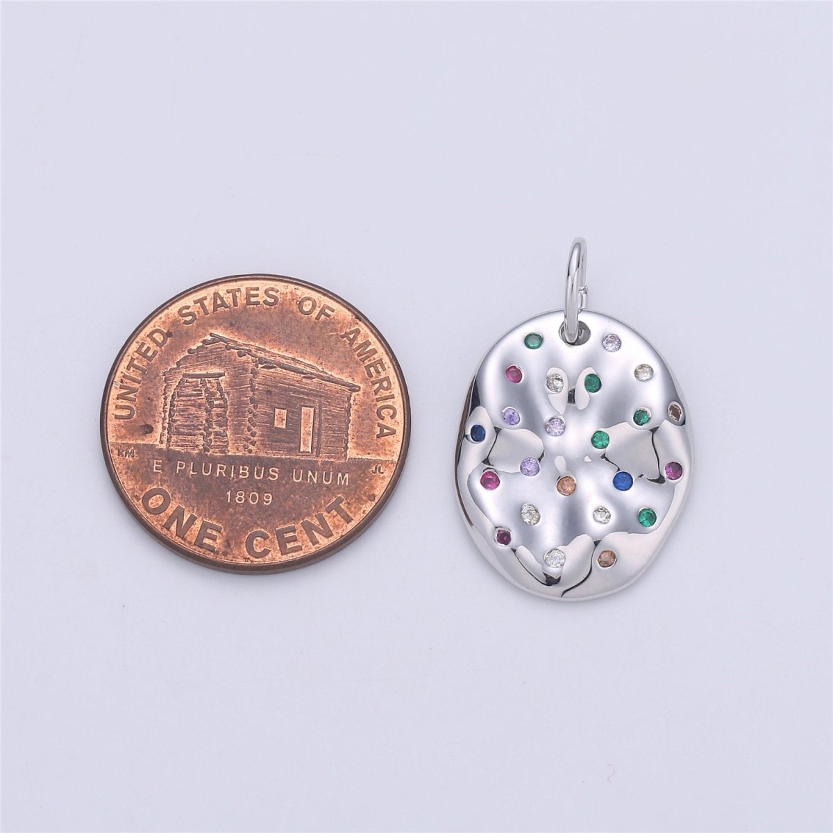 24K Gold Filled Rustic Oval Dainty Charm with Micro Pave Multi Color Rainbow Cubic Zirconia CZ Stone for Necklace or Bracelet C-903 - DLUXCA