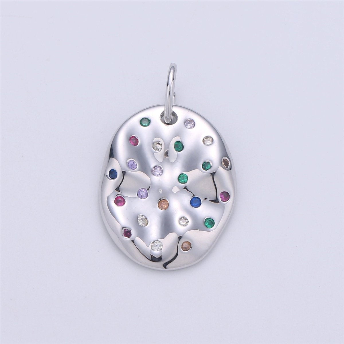 24K Gold Filled Rustic Oval Dainty Charm with Micro Pave Multi Color Rainbow Cubic Zirconia CZ Stone for Necklace or Bracelet C-903 - DLUXCA