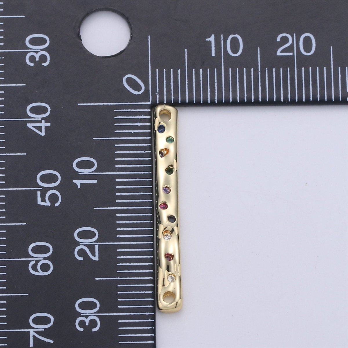 24K Gold Filled Rustic Textured Bar Dainty Connector with Micro Pave Multi Color Rainbow Cubic Zirconia CZ Stone for Necklace or Bracelet F-360 - DLUXCA