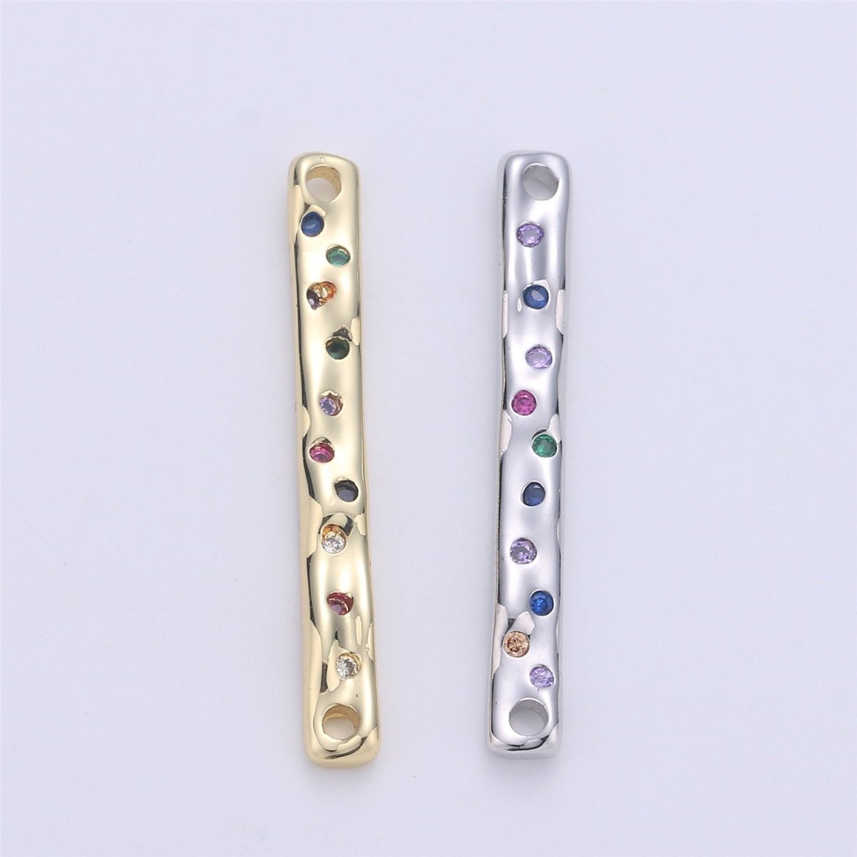 24K Gold Filled Rustic Textured Bar Dainty Connector with Micro Pave Multi Color Rainbow Cubic Zirconia CZ Stone for Necklace or Bracelet F-360 - DLUXCA