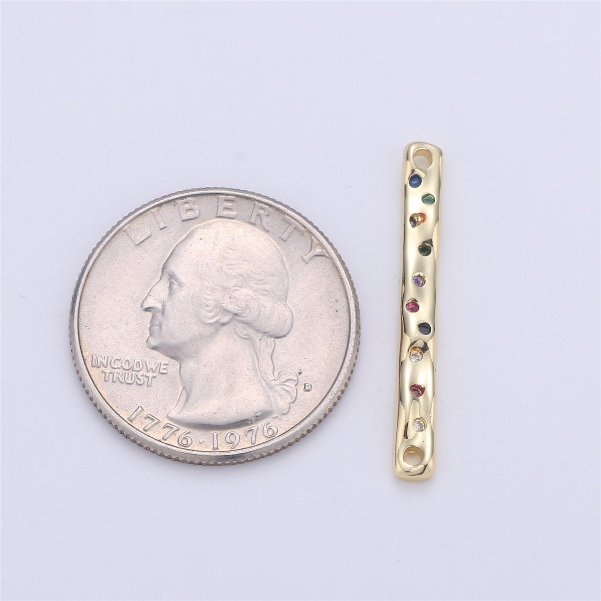 24K Gold Filled Rustic Textured Bar Dainty Connector with Micro Pave Multi Color Rainbow Cubic Zirconia CZ Stone for Necklace or Bracelet F-360 - DLUXCA
