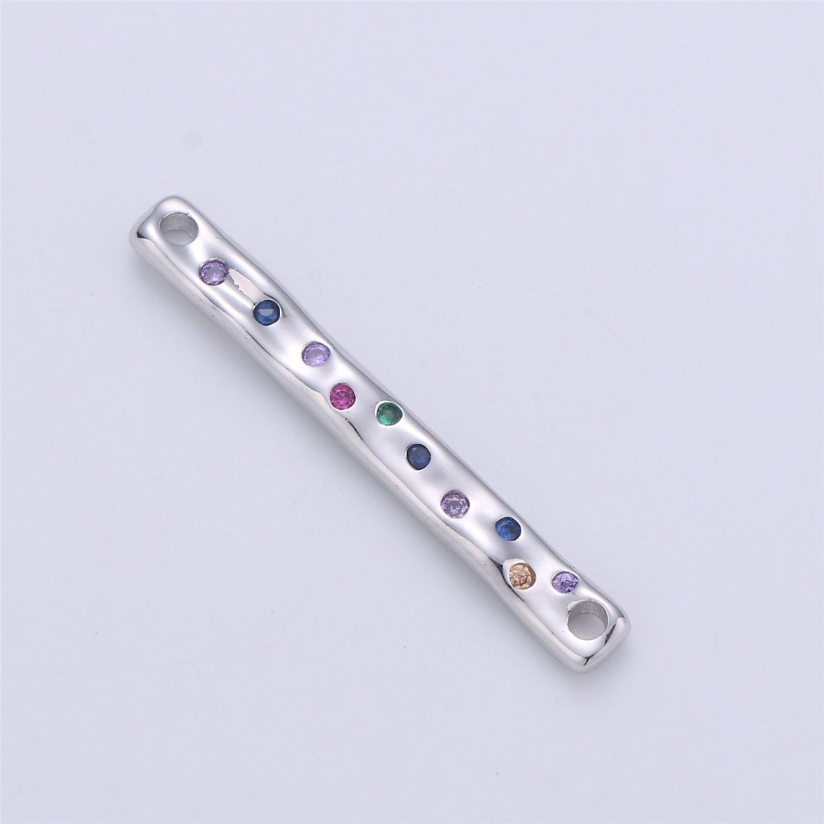 24K Gold Filled Rustic Textured Bar Dainty Connector with Micro Pave Multi Color Rainbow Cubic Zirconia CZ Stone for Necklace or Bracelet F-360 - DLUXCA