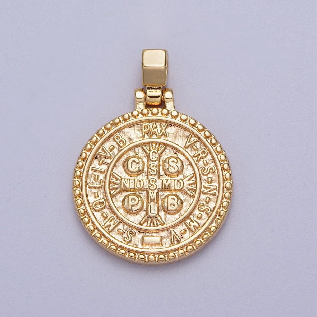 24K Gold Filled Saint St. Benedict SMQLIVB PAX VRSNSMV, Cross Moline CSSML NDSMD Religious Coin Pendant | C-598 - DLUXCA