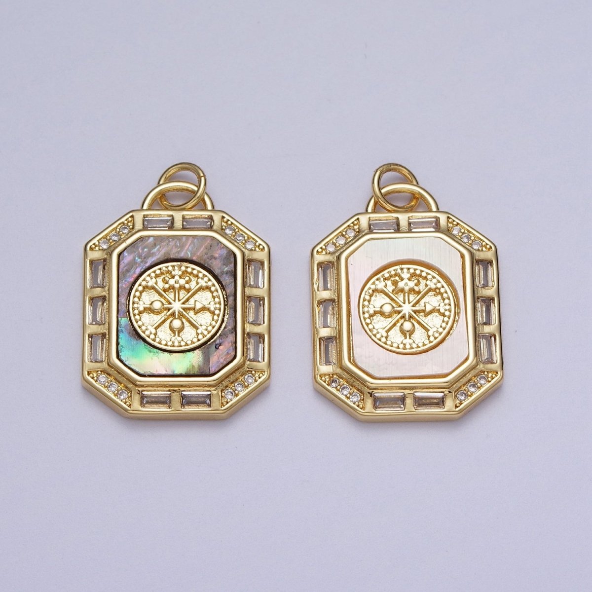 24K Gold Filled Shell Pearl, Abalone Tag Tile Compass Baguette Octagonal Charm E-743 N-390 - DLUXCA
