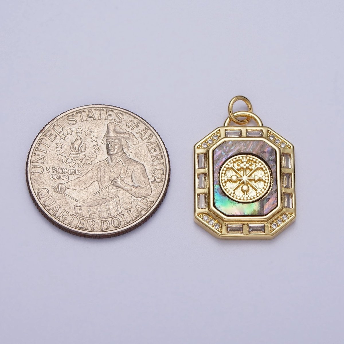 24K Gold Filled Shell Pearl, Abalone Tag Tile Compass Baguette Octagonal Charm E-743 N-390 - DLUXCA