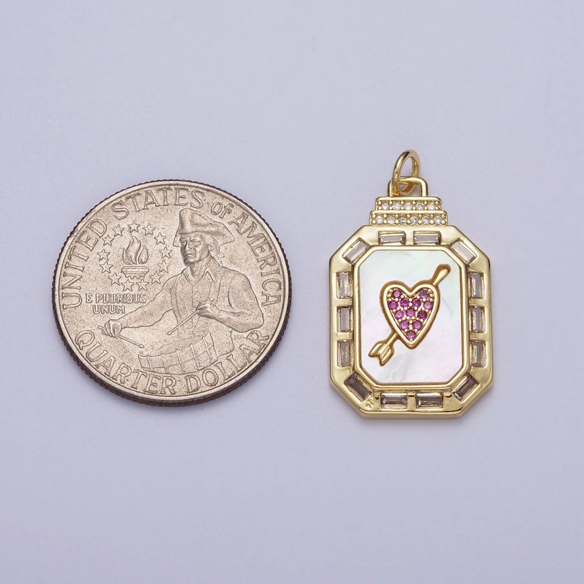 24K Gold Filled Shell Pearl Cupid Arrowed Heart Micro Paved Baguette CZ Octagonal Charm | C-209 - DLUXCA