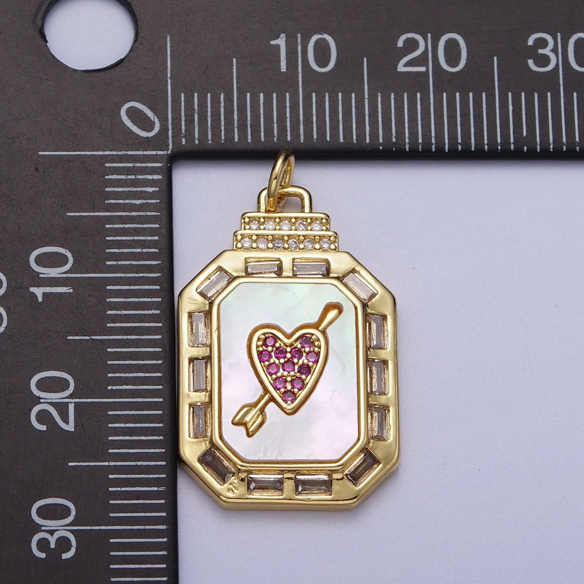 24K Gold Filled Shell Pearl Cupid Arrowed Heart Micro Paved Baguette CZ Octagonal Charm | C-209 - DLUXCA