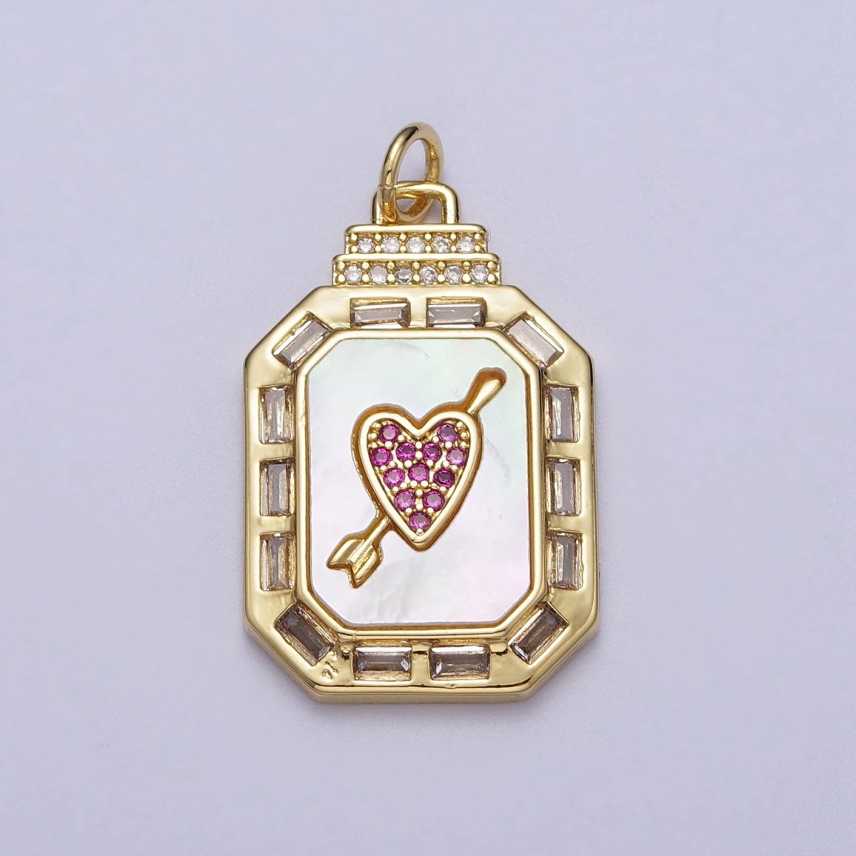 24K Gold Filled Shell Pearl Cupid Arrowed Heart Micro Paved Baguette CZ Octagonal Charm | C-209 - DLUXCA