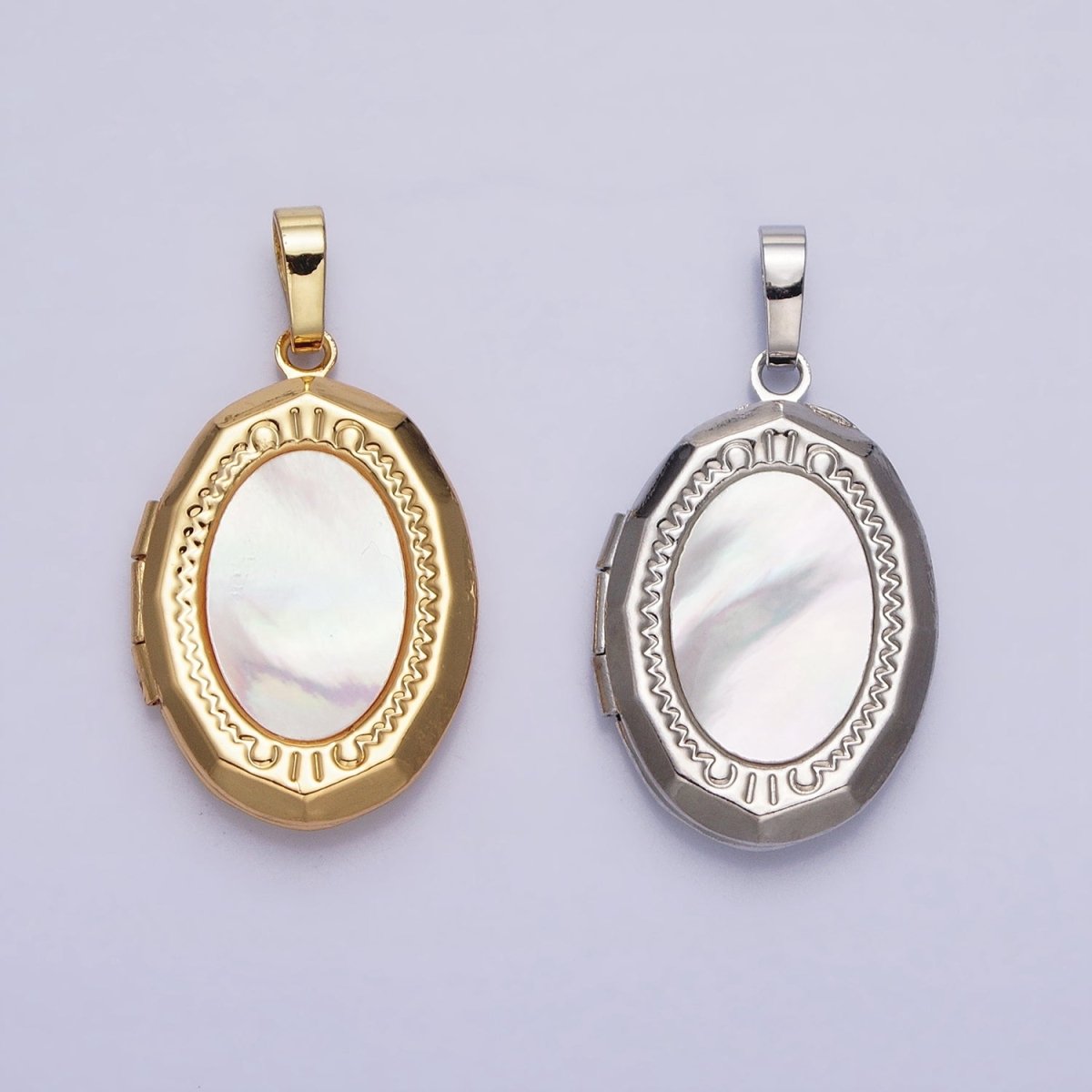 24K Gold Filled Shell Pearl Oval Geometric Engraved Locket in Gold & Silver | AA-367 AA-368 - DLUXCA