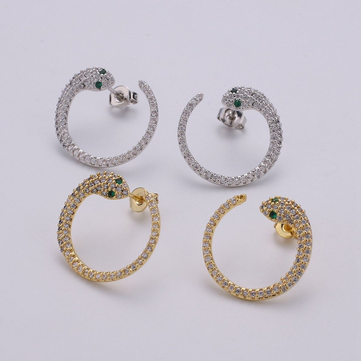 24k Gold Filled Snake Stud Earring, Micro Pave Snake Earring for DIY Earring Craft Supply Jewelry Making Supply Silver Serpent Earring Stud Q-140 Q-141 - DLUXCA