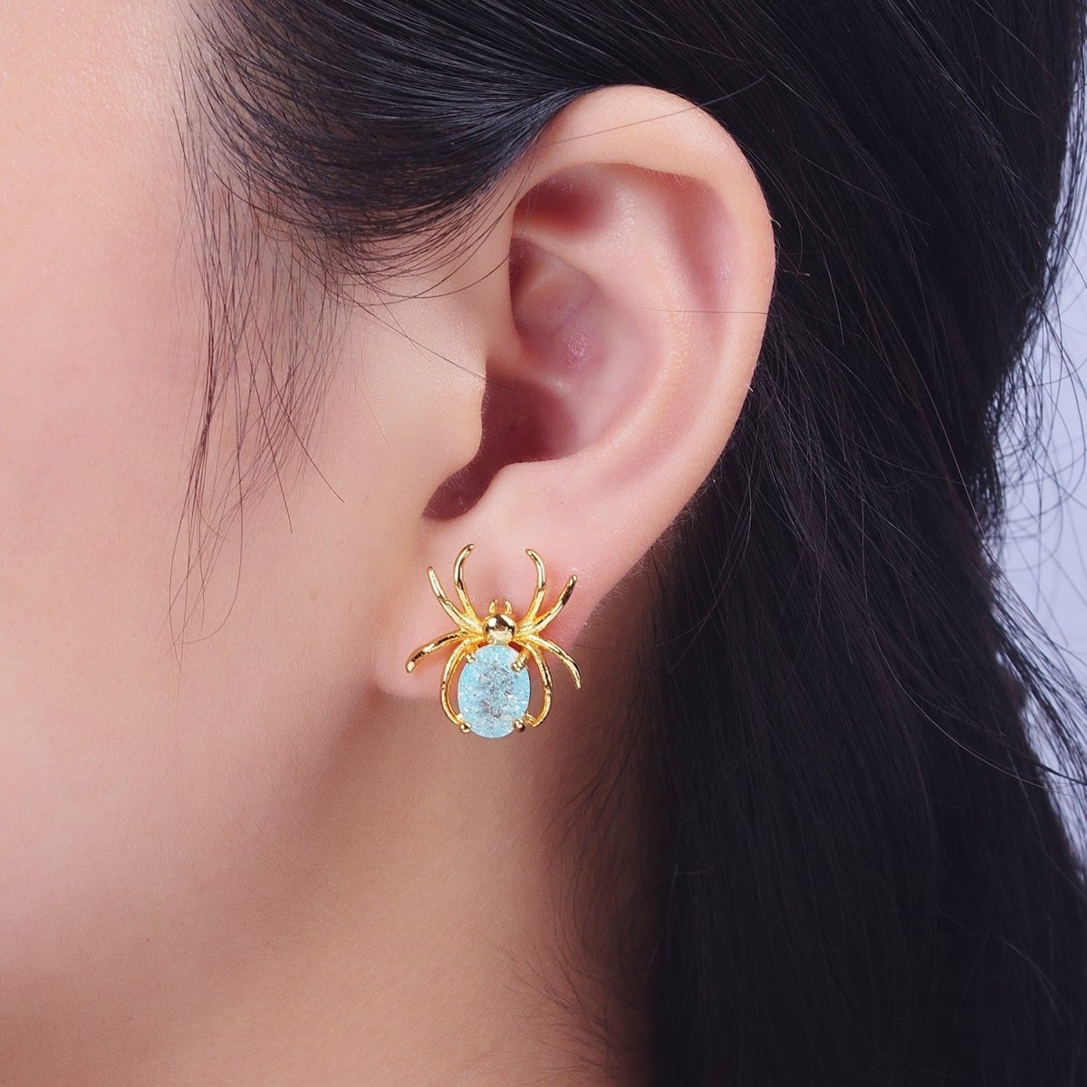 24K Gold Filled Spider Earring Blue Cubic Zirconia Gold Spider Stud Earrings for Halloween | AE-1015 - DLUXCA