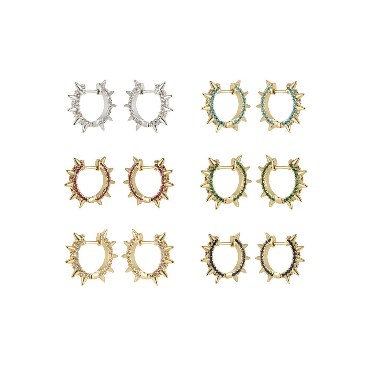 24k Gold Filled Spike Hoops, Studded Hoop Earring Set, Huggie Hoops, Micro Pave Studded Spike P-135 ~ P-140 - DLUXCA