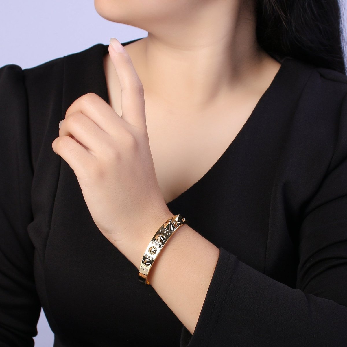 24K Gold Filled Spiked Triple Dotted Lined Bangle Cuff Bracelet | WA-361 Clearance Pricing - DLUXCA