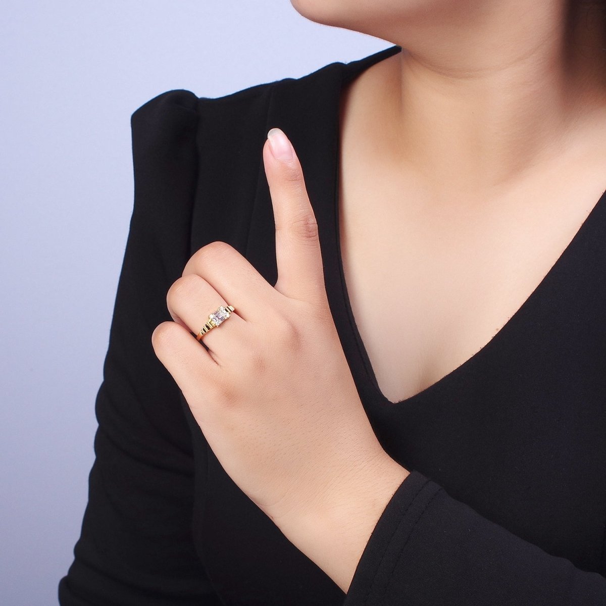 24K Gold Filled Square Baguette Cubic Zirconia Bubble Adjustable Gold Ring | X-582 - DLUXCA