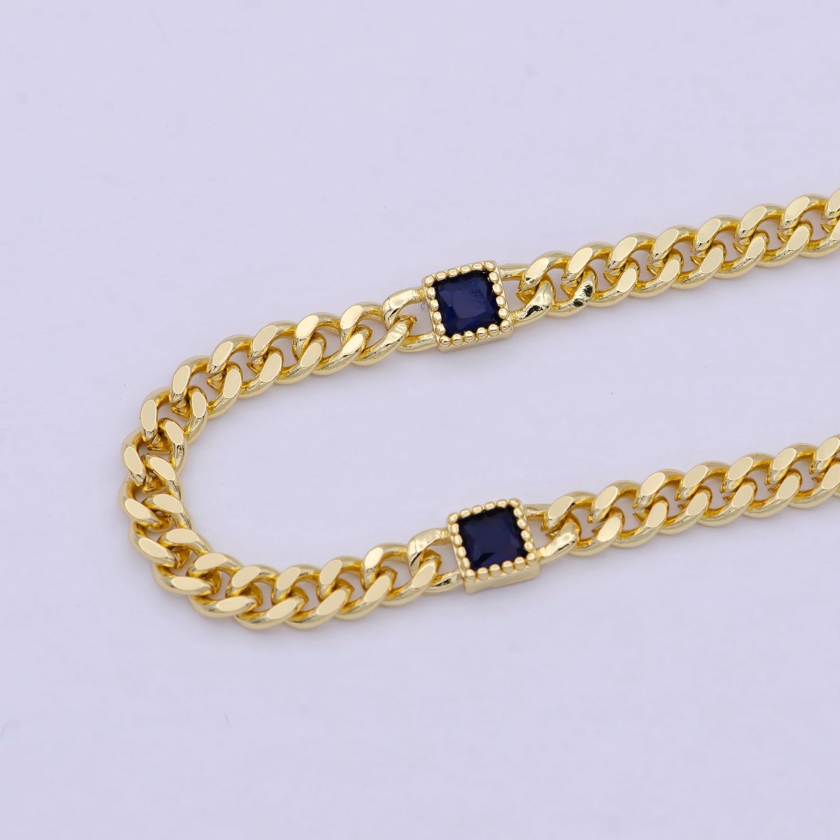 24K Gold Filled Square Cubic Zirconia Curb Chain Unfinished Chain by Meter | WA-1404 Clearance Pricing - DLUXCA