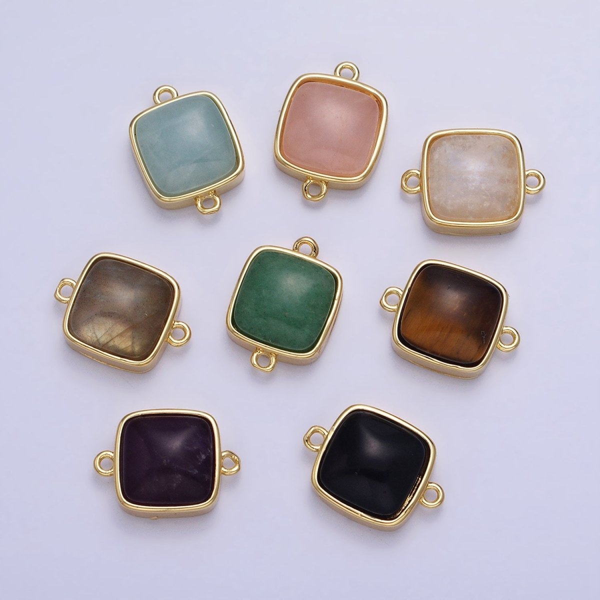 24K Gold Filled Square Labradorite, Blue Agate, Aventurine, Amethyst, Onyx, Rose Quartz, Moonstone, Tiger Eye Connector | AA937 - AA944 - DLUXCA